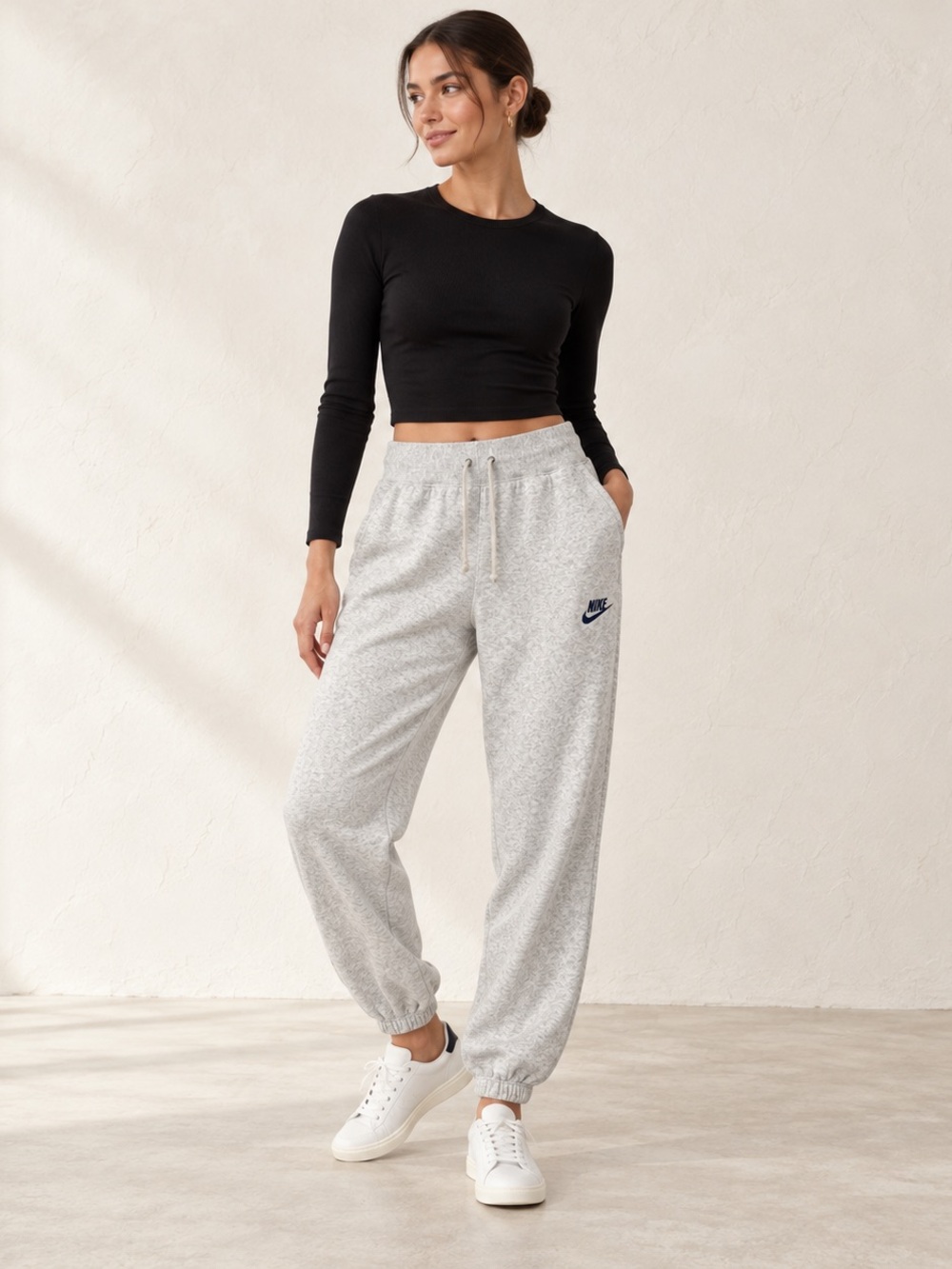Nike Women’s Light Gray Fleece Joggers with Navy Logo